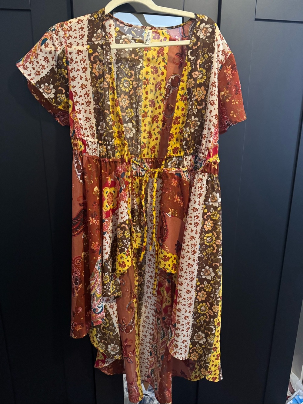 Patchwork Floral Casual Open Dress / Cover Long Blouse in Brown Red & Yellow